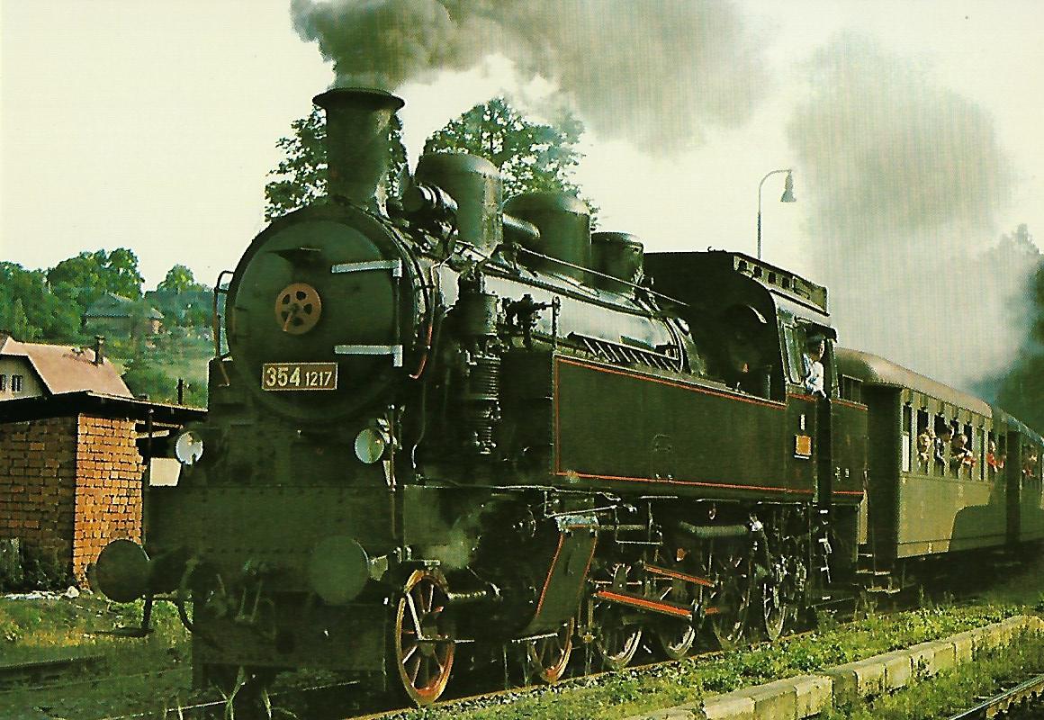 ČSD Dampflokomotive 354.1217 in Tanvald, Bahnstrecke Liberec–Kořenov. Eisenbahn Bestell-Nr. 1290