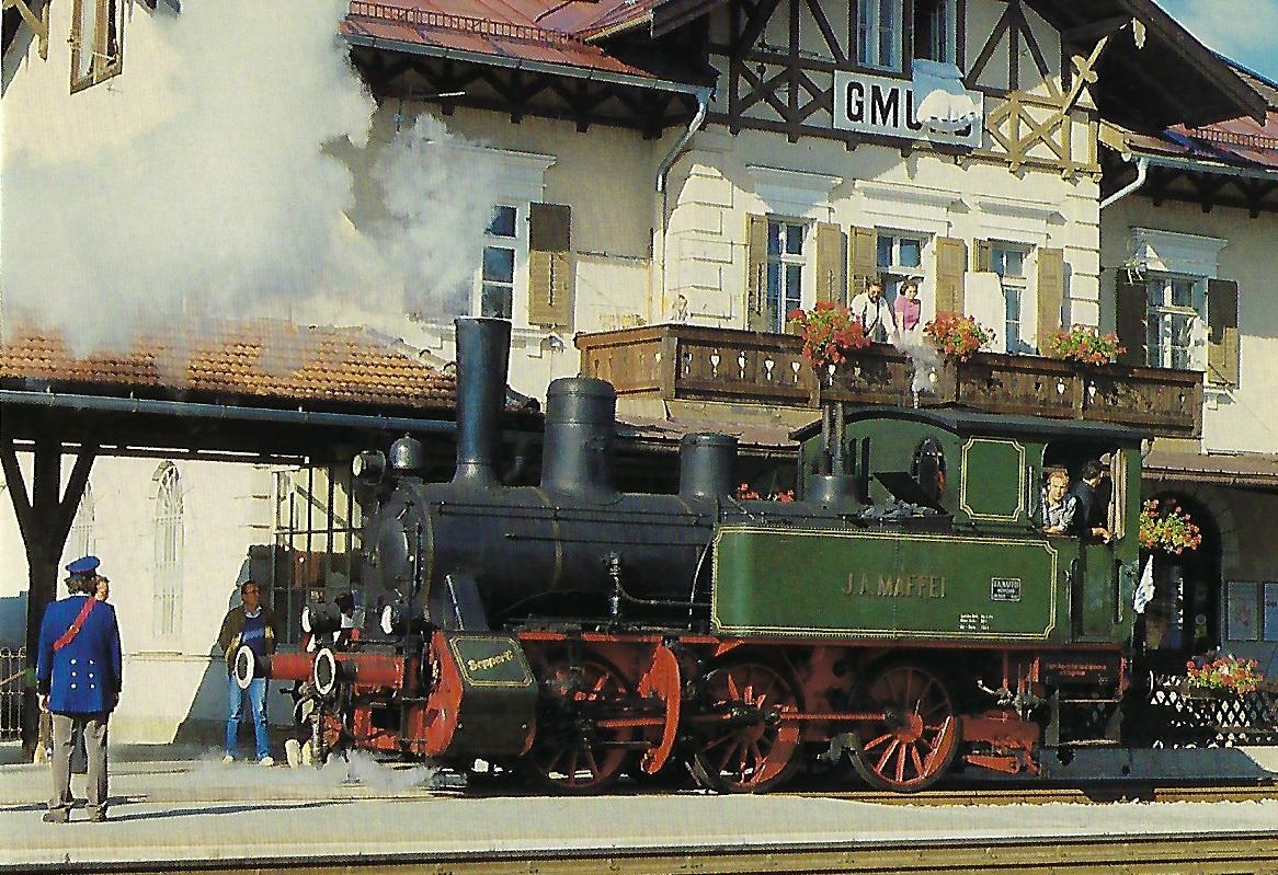 BLV, Dampflokomotive „J. A. MAFFEI“ im Bahnhof Gmund, 1985. (10439)