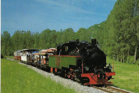 SWEG, Schmalspur-Dampflokomotive ZB 4 – AQUARIUS C am 18.5.1986 bei Schöntal. (10449)