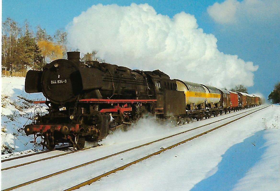 DB, Güterzug-Dampflokomotive 044 834-0 bei Lauf, Weihnachten 1970. Eisenbahn Bestell-Nr. 10453