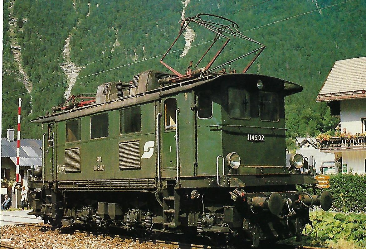 ÖBB, elektrische Mehrzwecklokomotive 1145.02 in Obertraun-Dachsteinhöhlen 1982. (10478) Eisenbahn Bestell-Nr. 10478