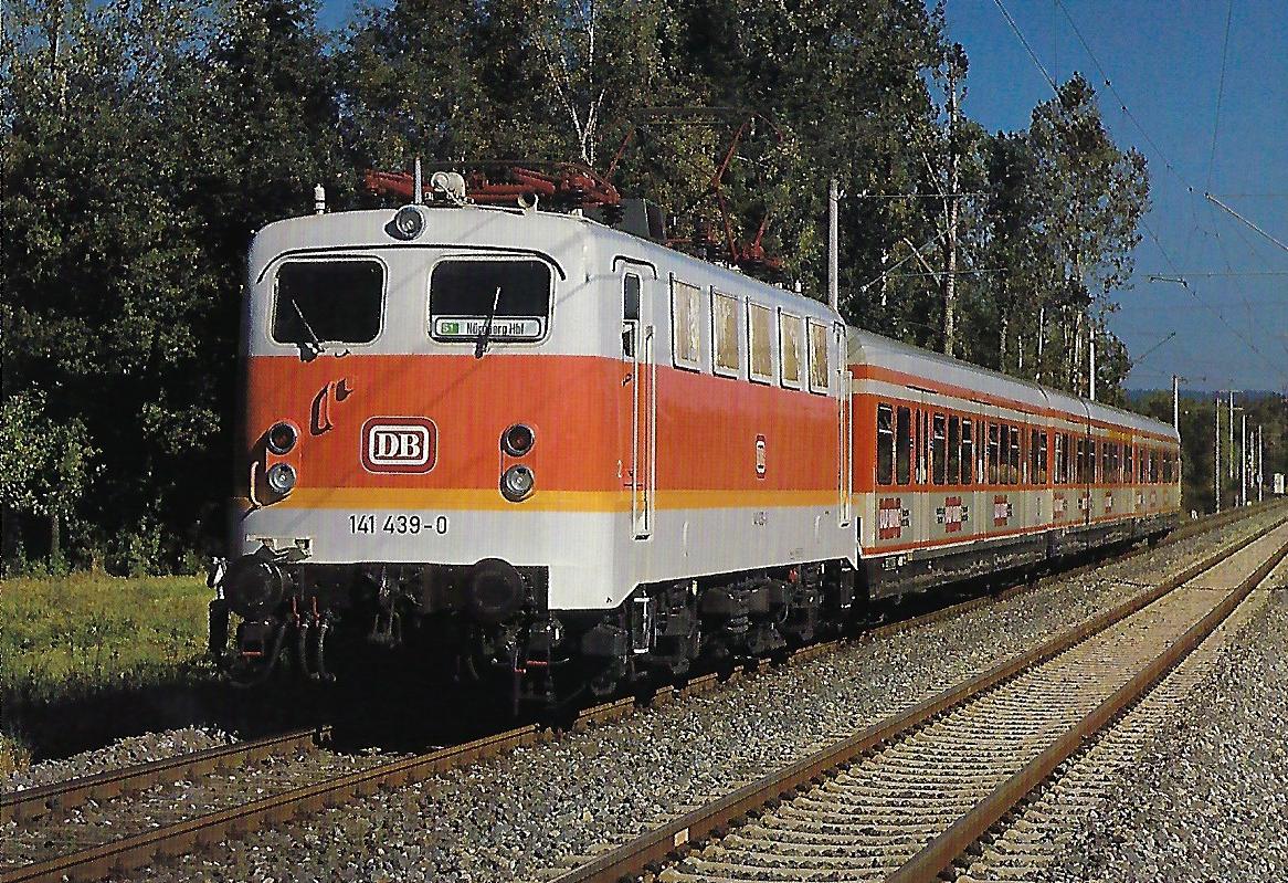 DB, elektrische Mehrzwecklokomotive 141 439-0 mit S-Bahn-Zug beim Haltepunkt Seespitze im Oktober 1987.Eisenbahn Bestell-Nr. 10484