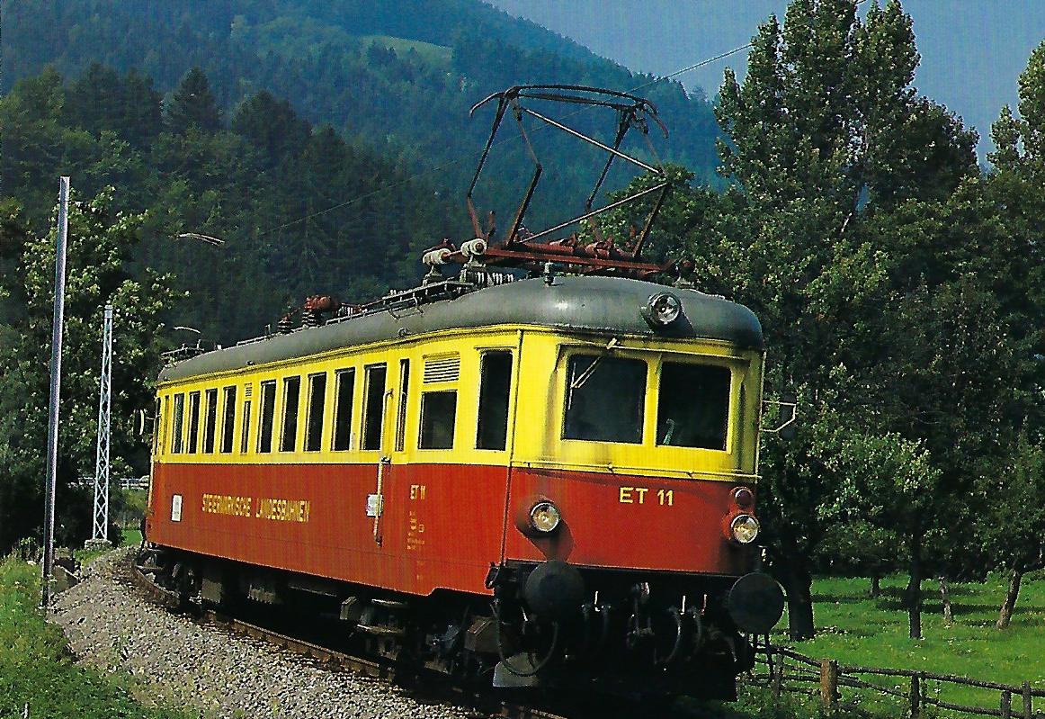 Steiermärkische Landesbahnen, elektrischer Triebwagen ET 11, Bo’2′, im September 1987 auf der Strecke Peggau – Übelbach. Eisenbahn Bestell-Nr. 10499