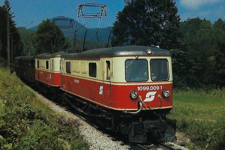ÖBB, elektrische Schmalspurlokomotive 1099.009-1, C’C‘, im September 1987 bei Wienerbruck – Josefsberg. Eisenbahn Bestell-Nr. 10500
