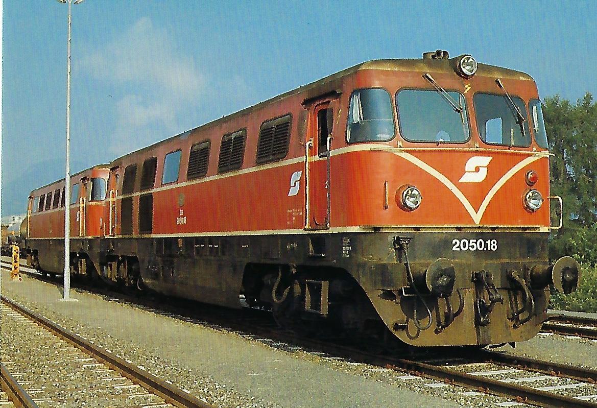 ÖBB, diesel-elektrische Mehrzwecklokomotiven 2050.18 + 2050.16, Bo’Bo‘, am 16.8.1985 in Pöls. Eisenbahn Bestell-Nr. 10506