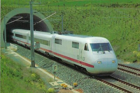 DB, ICE (Bo’Bo‘ Triebkopf) am 29.5. 1988 zwischen Würzburg und Gemünden. Eisenbahn Bestell-Nr. 10514