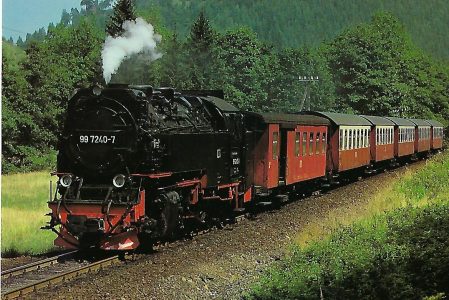 DR, Schmalspur-Dampflokomotive 99 7240-7, 1E1’h2t, bei Eisfelder Talmühle im August 1988. Eisenbahn Bestell-Nr. 10525